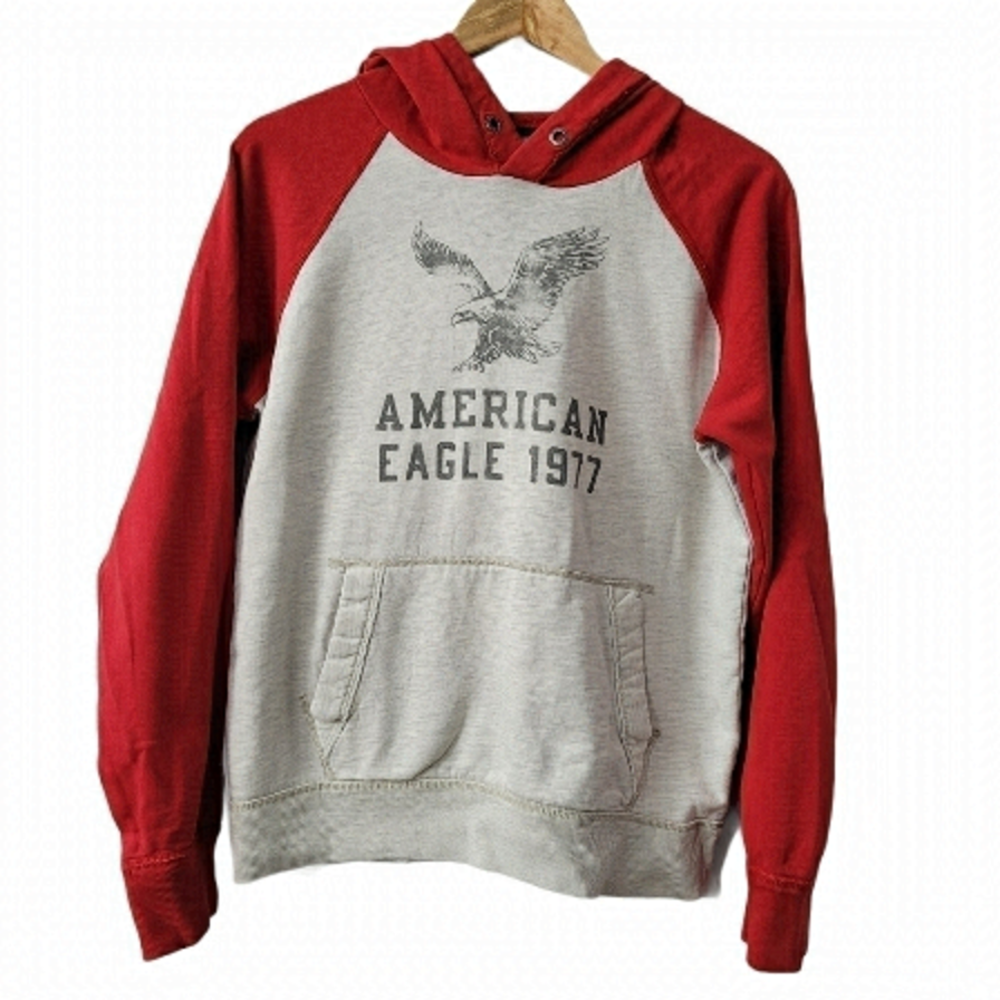 𝅺AMERICAN Eagle Logo Hoodie Vintage Classic Fit Unisex Size S Red and Grey